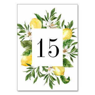 Aquarell-Zitronen und -Blüten Sommerhochzeit Tischnummer