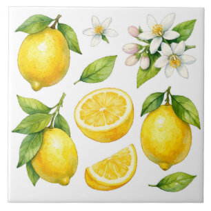 Aquarell-Zitronenfrucht, Zitronenblätter und Blüte Fliese
