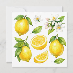Aquarell-Zitronenfrucht, Zitronenblätter und Blüte Karte