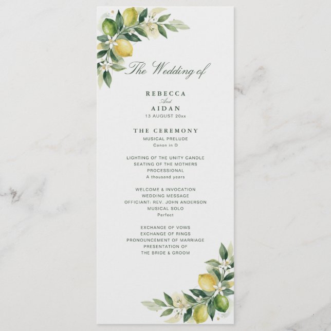 Aquarell-Zitrus-Grüne-Zitrone-Botanische-Hochzeit Programm (Vorderseite)