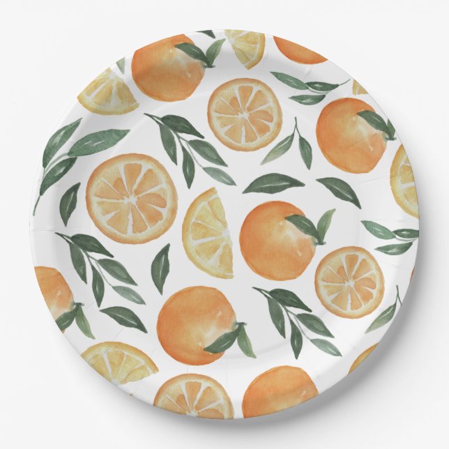 Aquarell-Zitrusfrüchte | Garten Orange Hochzeitsde Pappteller (Vorderseite)