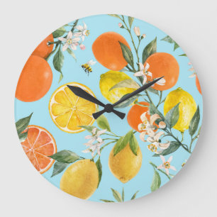 Aquarell-Zitrusfrüchte: Handgezeichnet Große Wanduhr
