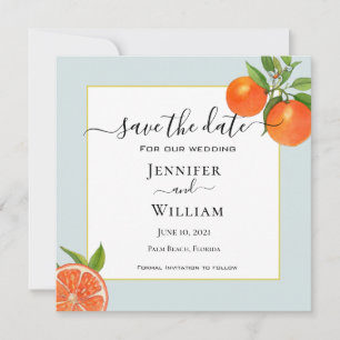 Aquarell-Zitrusfrüchte mit aquafarbenem Rand Hochz Save The Date