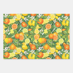 Aquarell-Zitrusfrüchte Zitrone, Orange und Limette Geschenkpapier Set