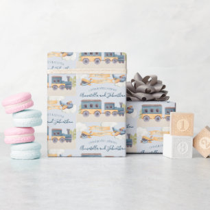 Aquarell-Zug und Flugzeuge Baby Junge Blau Geschenkpapier