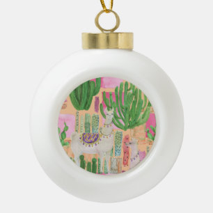 Aquarellamas, Kakteen: nahtloses Muster. Keramik Kugel-Ornament