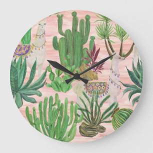 Aquarellamas und Kakteen-Muster. Große Wanduhr