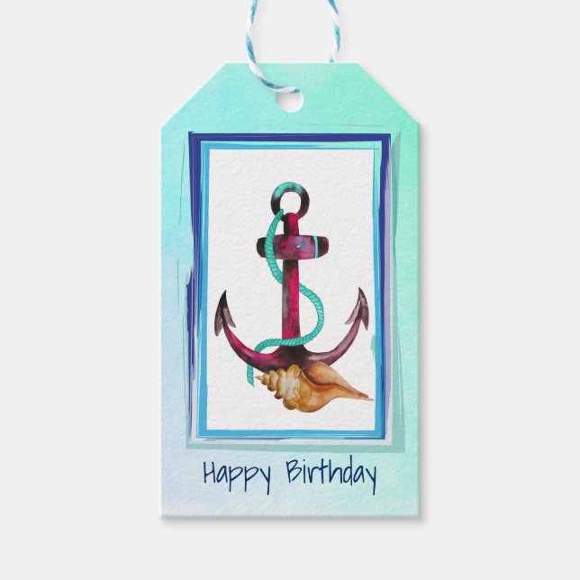 Aquarellanschor und Seashell glücklich zum Geburts Geschenkanhänger (Vorderseite)