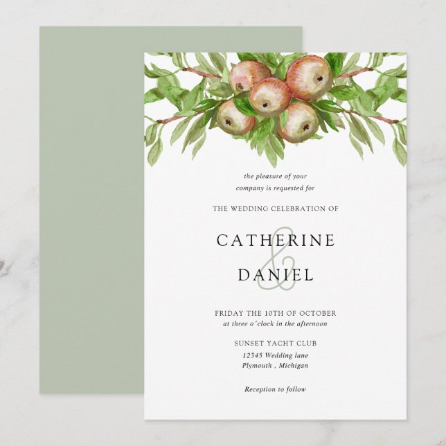 Aquarelläpfel mit Ästen Hochzeit Einladung (Vorne/Hinten)