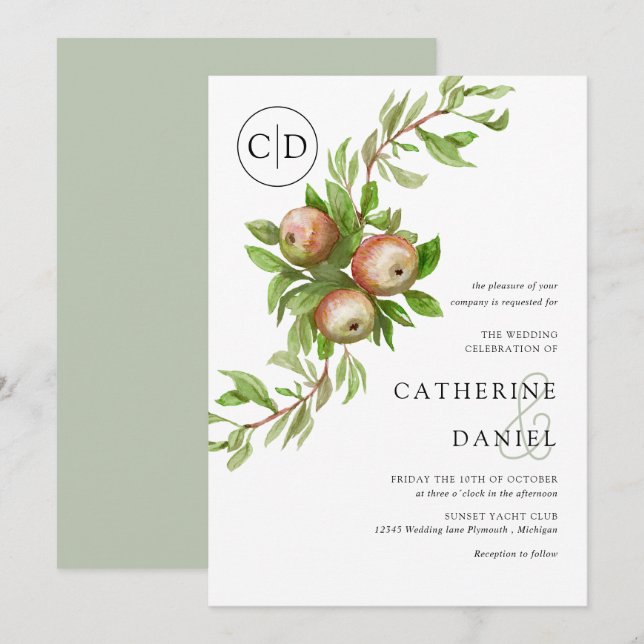 Aquarelläpfel mit Monogramm Hochzeit Einladung (Vorne/Hinten)