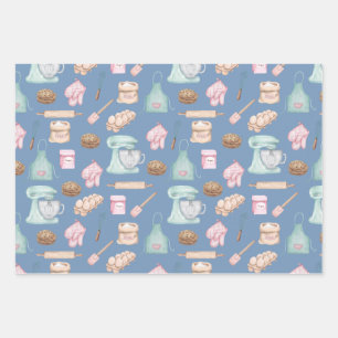 Aquarellbäckerei auf Grau Blau Geschenkpapier Set