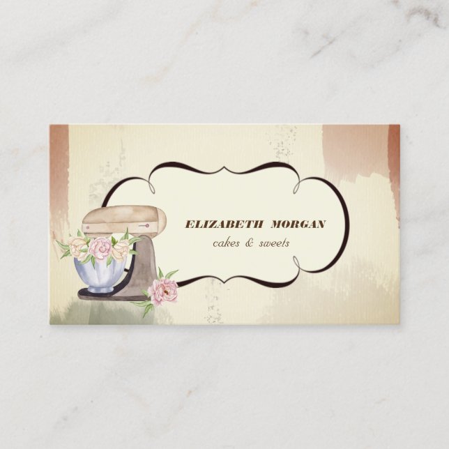 Aquarellbäckerei Konditorei Floral Retro Mixer Visitenkarte (Vorderseite)