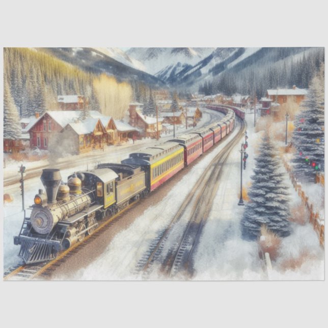 Aquarellbahn im Winter mit Schneepapier Seidenpapier (Vorderseite)