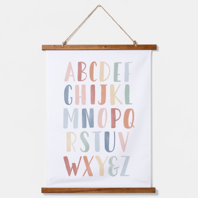 Aquarellbahn Regenbogen Alphabet Klasse Wandteppich Mit Holzrahmen (Vorderseite)