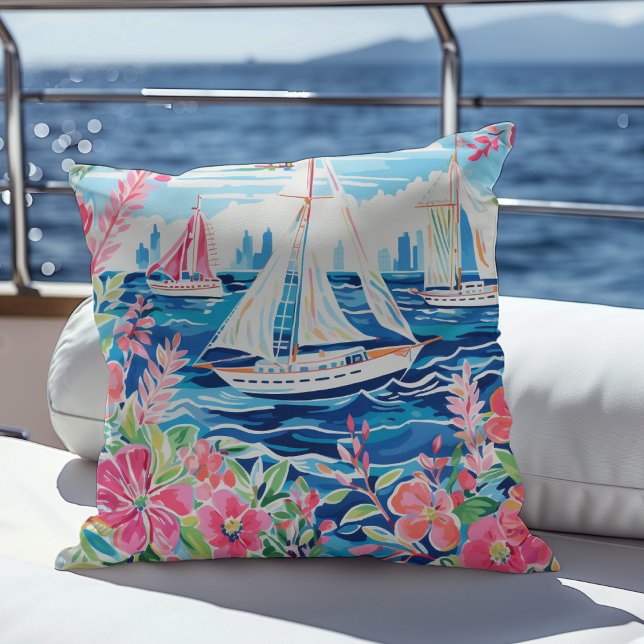 Aquarellbahn Sailboote Küste Pink Floral Citycape Kissen (Von Creator hochgeladen)