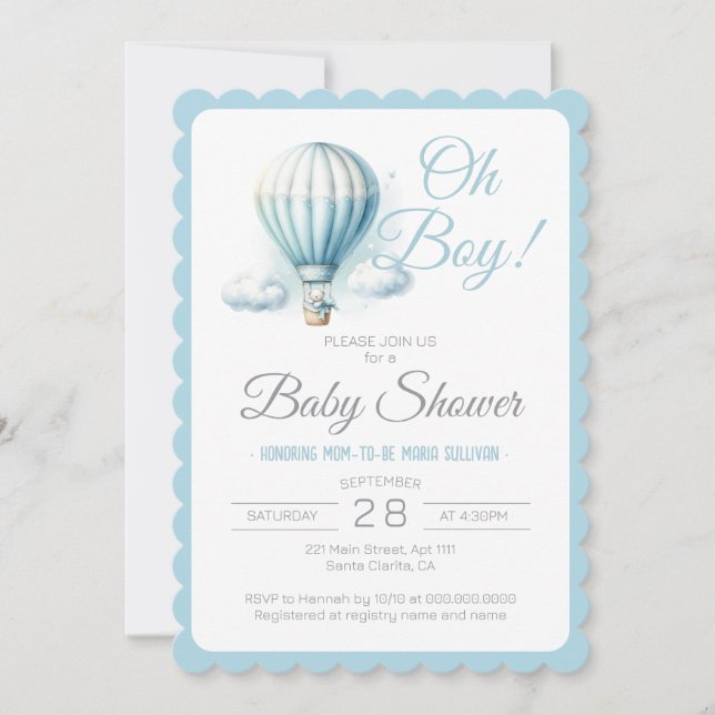 Aquarellballon & Bear Oh Boy Baby Dusche Einladung (Vorderseite)