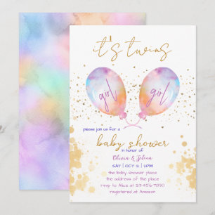 Aquarellballon Pink Twin Girl Babydusche Einladung