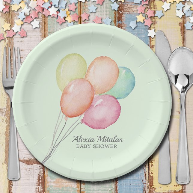 Aquarellballons auf der Green Baby Dusche Pappteller (Watercolor Balloons on Mint Green Unisex Baby Shower  Paper Plates)