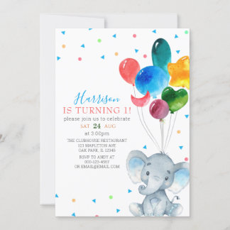 Aquarellballons Blue Elephant 1. Geburtstag  Einladung