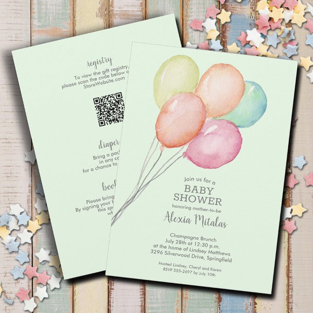 Aquarellballons Grünes Baby in einer Dusche Einladung (Watercolor balloons unisex baby shower all in one invitations, PRINTED and/or INSTANT DOWNLOAD)