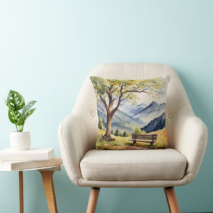 Aquarellbank und Gebirgslandschaft Kissen