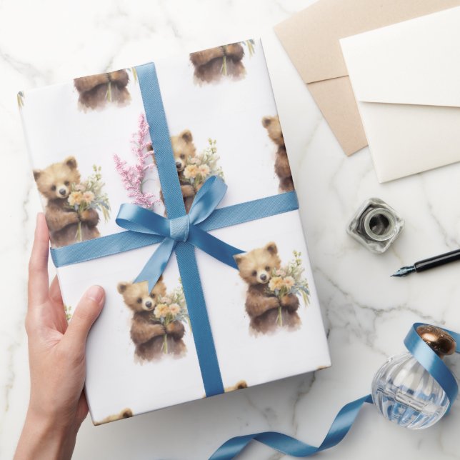 Aquarellbär mit Bouquet Geschenkpapier (Schenken)