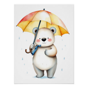 Aquarellbär mit Regenschirm und Regentropfen Poster