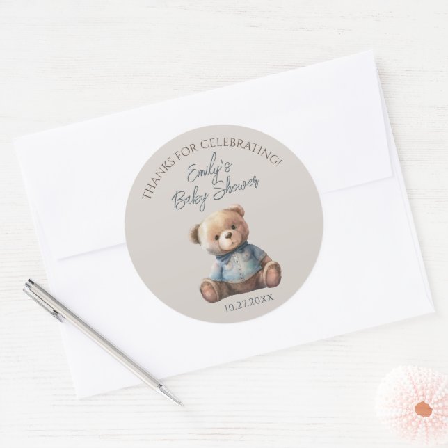 Aquarellbär Moderne Braun Babydusche Runder Aufkleber (Umschlag)