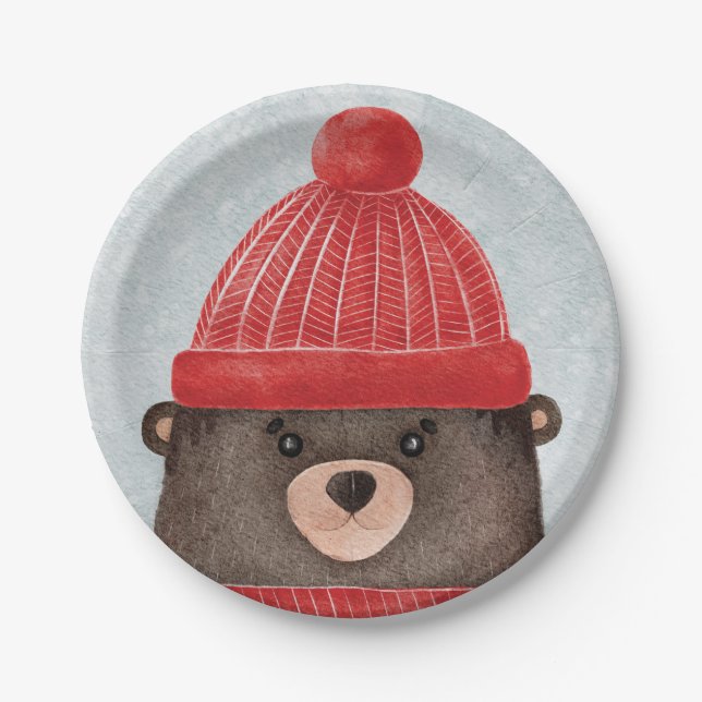 Aquarellbär niedlich. Weihnachtswaldtier Pappteller (Vorderseite)