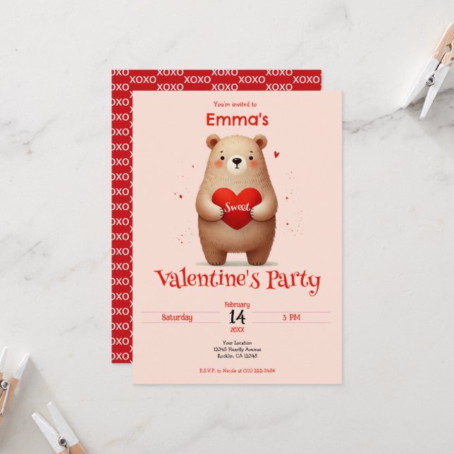Aquarellbär Rotes Herz xo Valentinus Party Einladung (Vorderseite/Rückseite Beispiel)