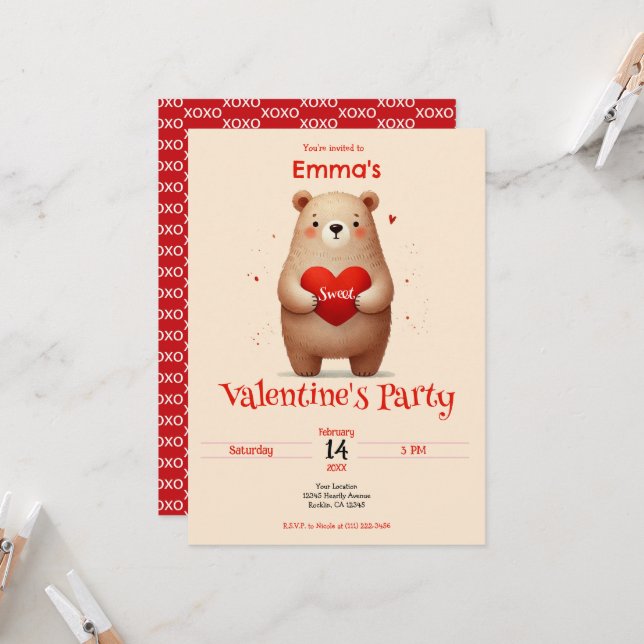 Aquarellbär Rotes Herz xo Valentinus Party Einladung (Vorderseite/Rückseite Beispiel)