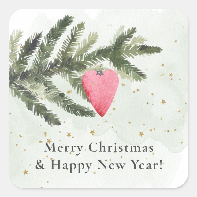 Aquarellbär Tannenbaum + Rotes Herz Quadratischer Aufkleber (Vorderseite)