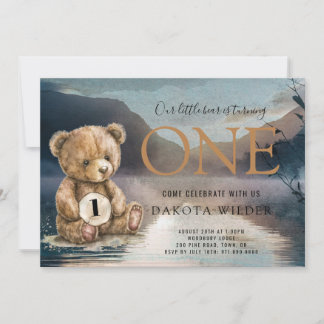 Aquarellbär verwandelt einen Wald Lake Birthday Einladung