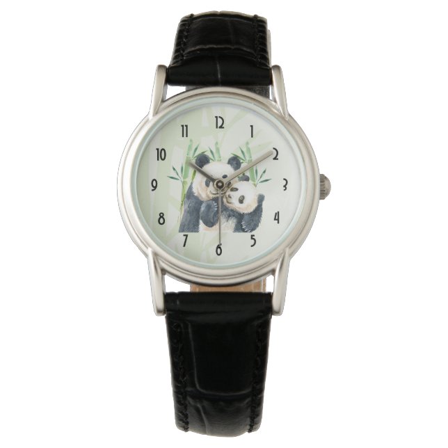 Aquarellbären Panda Bears Mama & Baby in Bamboo Armbanduhr (Vorderseite)