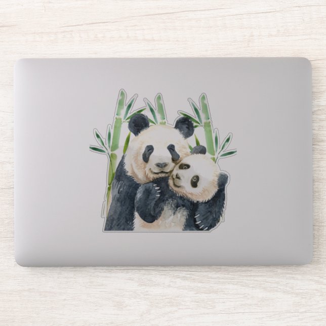 Aquarellbären Panda Bears Mama & Baby in Bamboo Aufkleber (Computer)