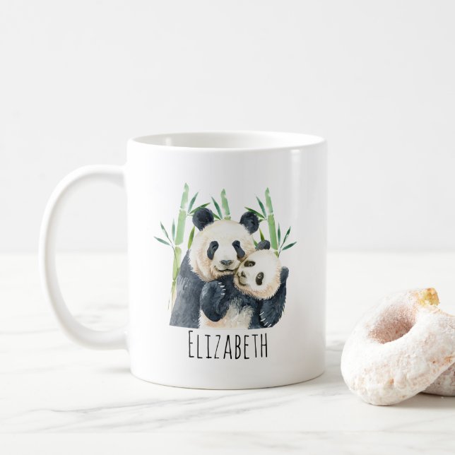 Aquarellbären Panda Bears Mama & Baby in Bamboo Kaffeetasse (Mit Donut)