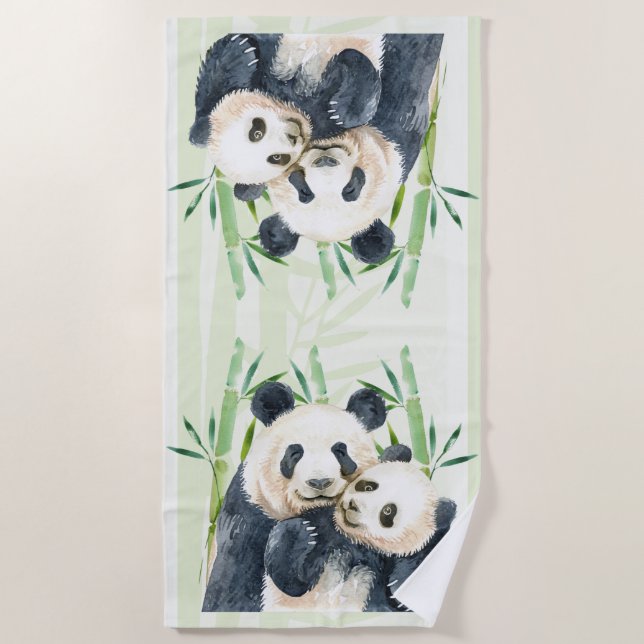 Aquarellbären Panda Bears Mama & Baby in Bamboo Strandtuch (Vorderseite)