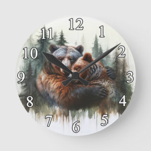 Aquarellbären und Bäume rustikale Wildnis Runde Wanduhr