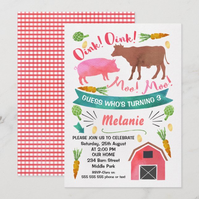 AquarellBarnyard, Hof-Geburtstags-Einladung Einladung (Vorne/Hinten)