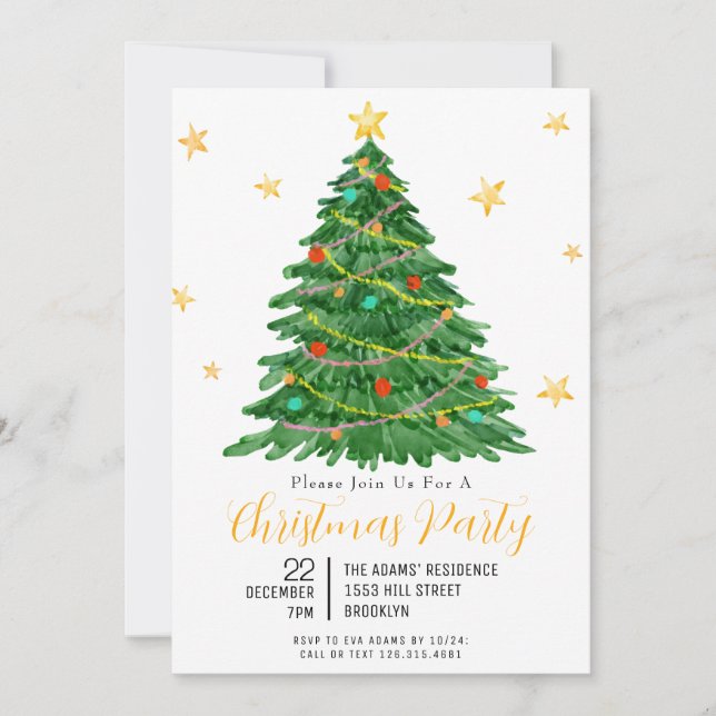 Aquarellbaum Frohe Weihnachtsfeier Party Einladung (Vorderseite)