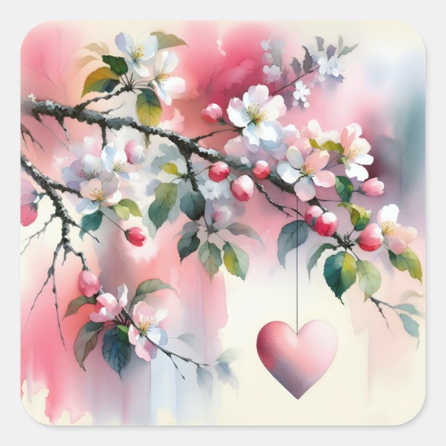 Aquarellbaum mit Herz Quadratischer Aufkleber (Vorderseite)