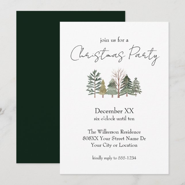 Aquarellbäume & Elegantes Script Weihnachten Party Einladung (Vorne/Hinten)