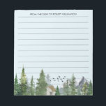 Aquarellbäume Naturwald Berge Linken Notizblock<br><div class="desc">Personalisiertes Text/Name Notizblock mit Aquarelllandschaft mit Bergen,  Wald und einer Kabine.</div>