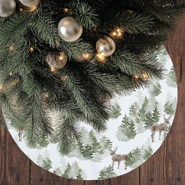Aquarellbäume und Grüne Hirsche Polyester Weihnachtsbaumdecke
