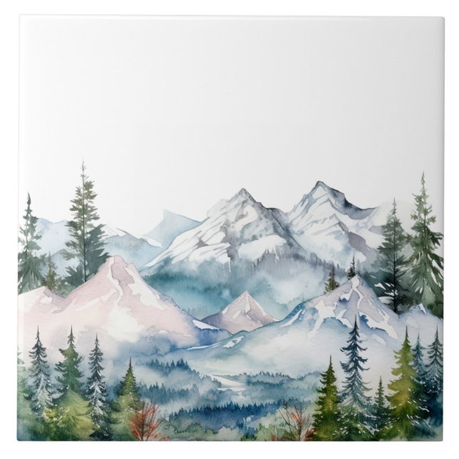 Aquarellberge Winter Fliese (Vorderseite)