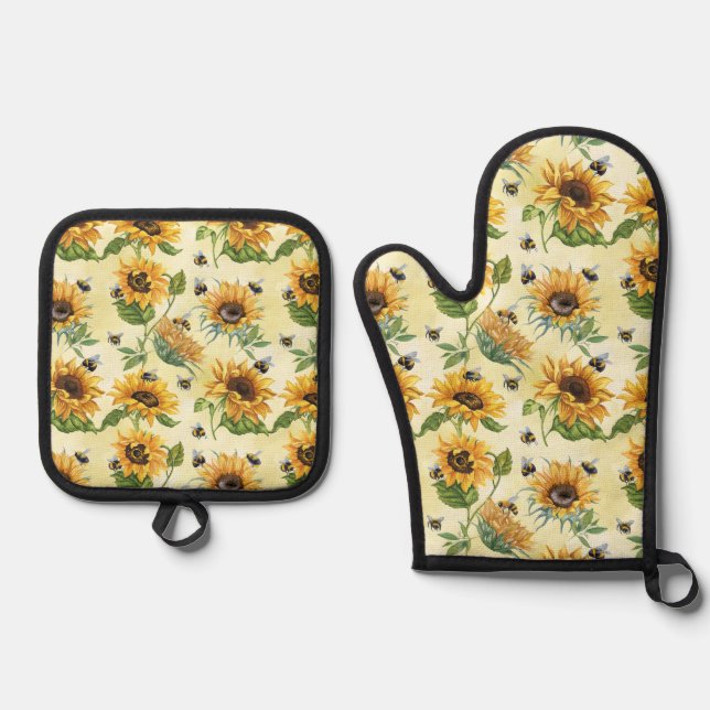 Aquarellbienen und Sonnenblumen Gelb Ofenhandschuh & Topflappen-Set (Vorderseite)