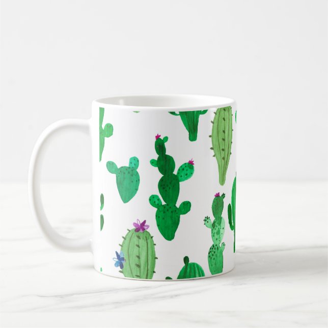 Aquarellbild der grünen Tintenwüstenkaktus Kaffeetasse (Links)