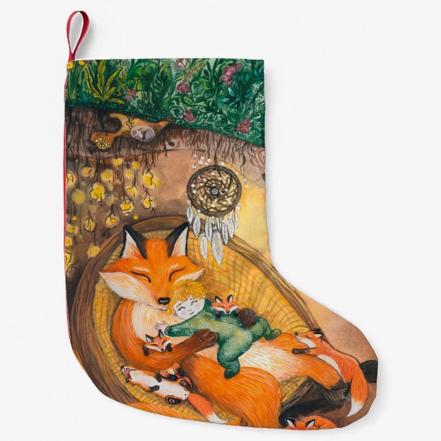 Aquarellbild eines Burrow Papa Fuchs auf einem c Kleiner Weihnachtsstrumpf (Vorderseite)