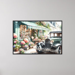 Aquarellbild eines Oldtimers und charmanten Blumen Leinwanddruck