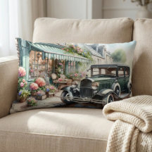 Aquarellbild eines Oldtimers und charmanten Blumen